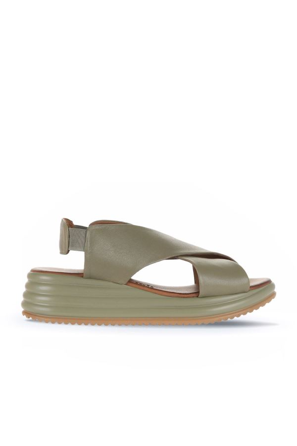 Haki Deri Kadın Dolgu Topuklu Sandalet