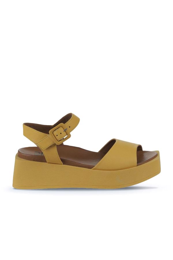 Sarı Deri Kadın Düz Sandalet