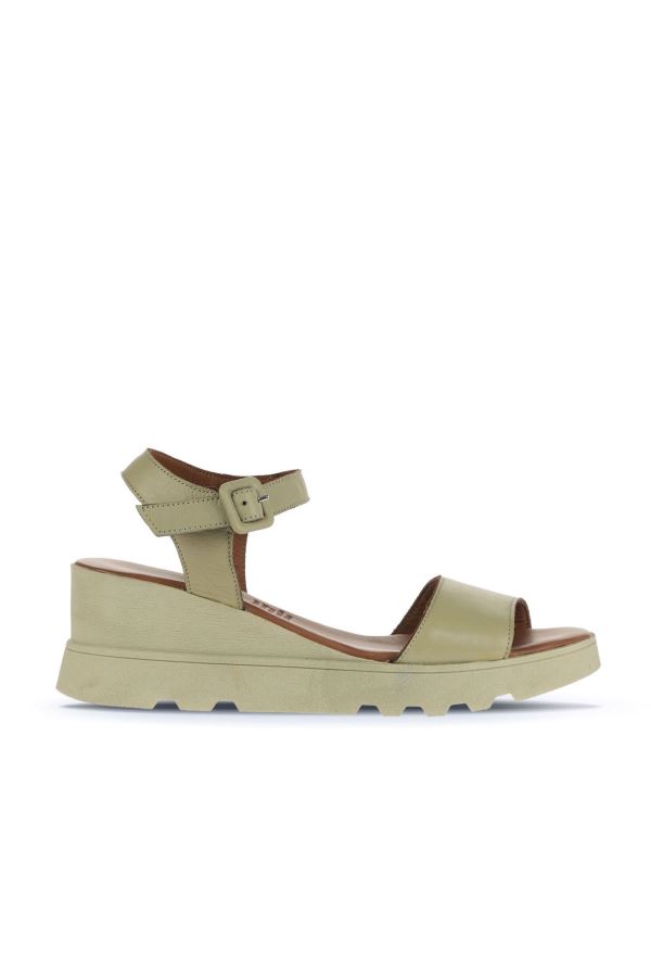 Haki Deri Kadın Dolgu Topuklu Sandalet