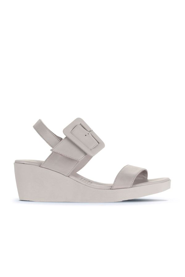 Gri Deri Kadın Dolgu Topuklu Sandalet