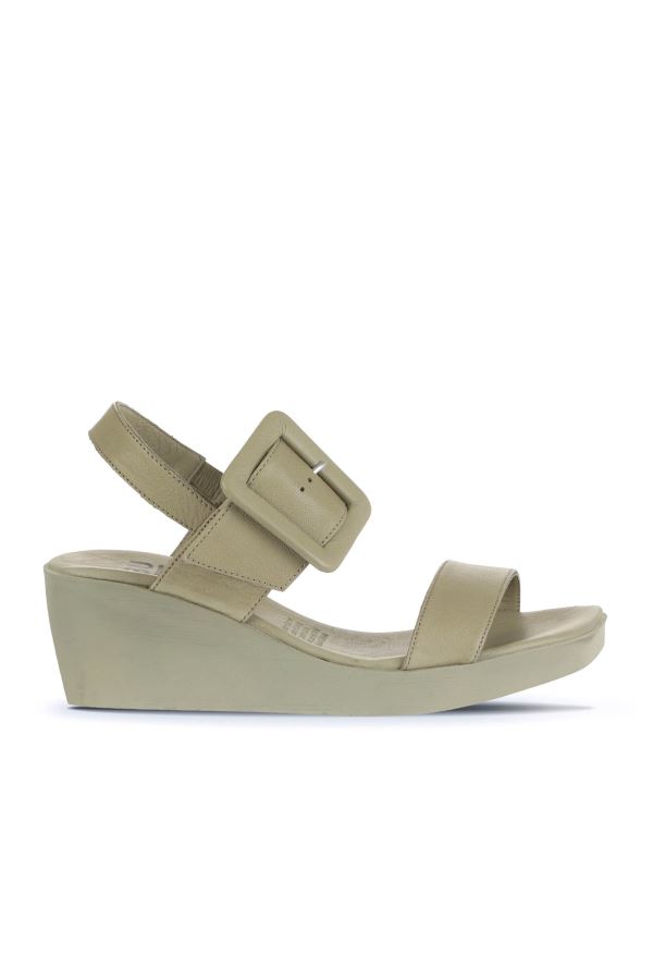 Haki Deri Kadın Dolgu Topuklu Sandalet