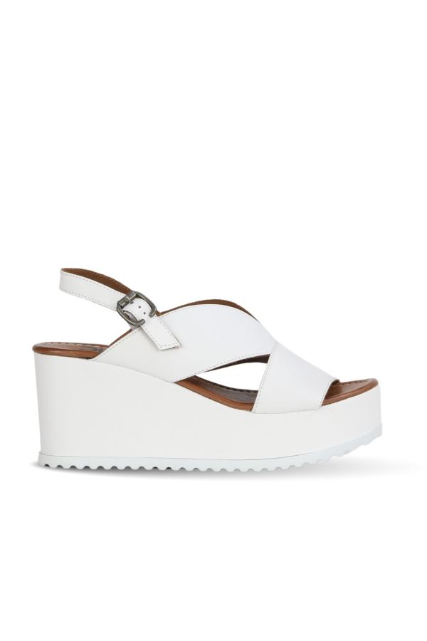 Beyaz Deri Kadın Dolgu Topuklu Sandalet