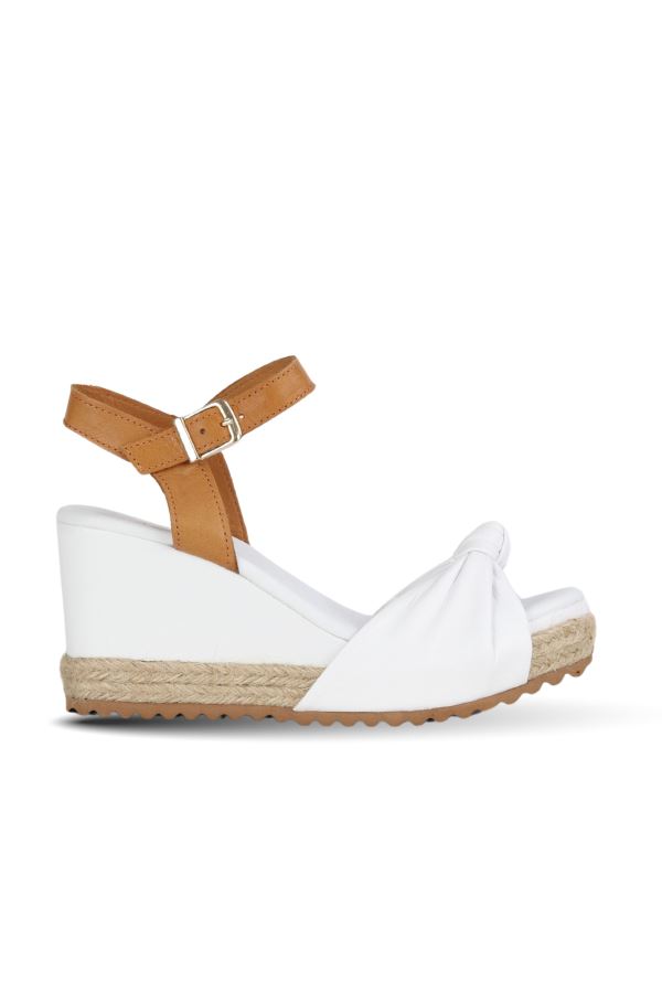Beyaz Taba Deri Kadın Dolgu Topuklu Sandalet