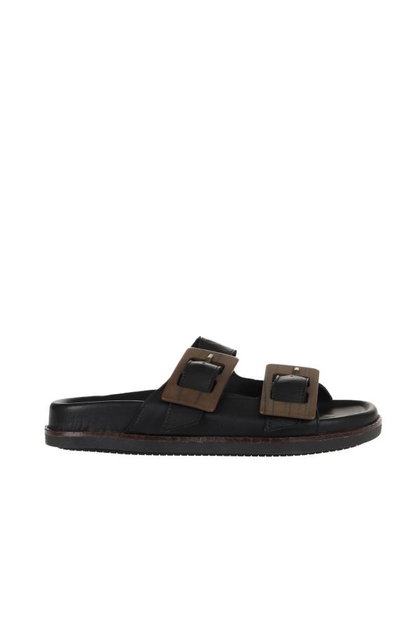 Siyah Deri Kadın Düz Terlik