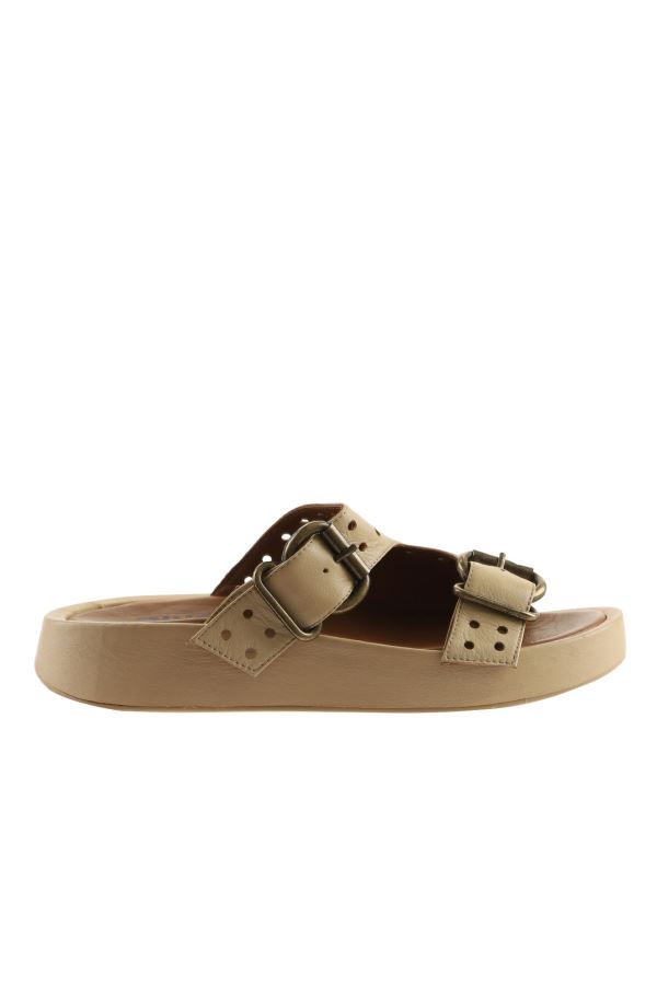 Bej Deri Kadın Dolgu Topuklu Terlik