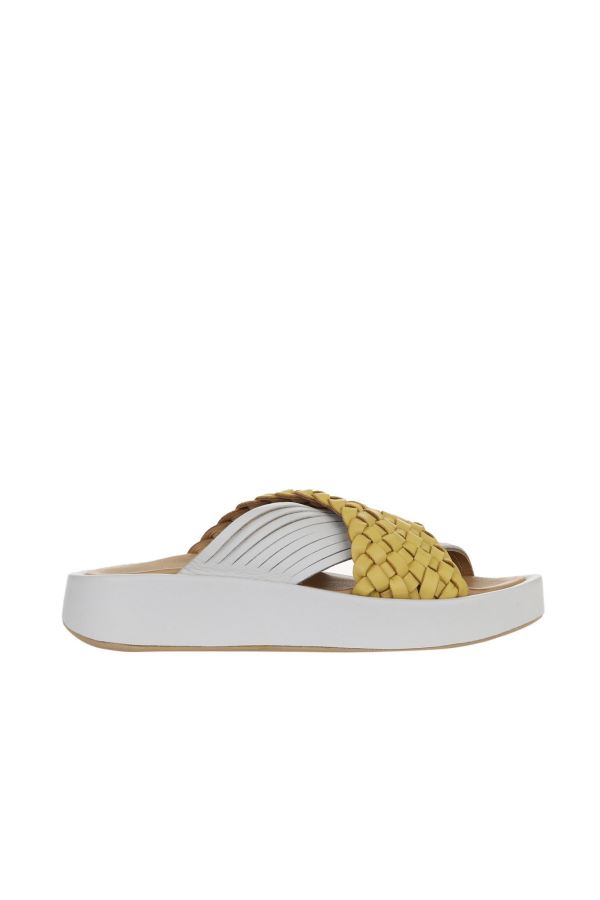 Sarı Beyaz Deri Kadın Düz Terlik