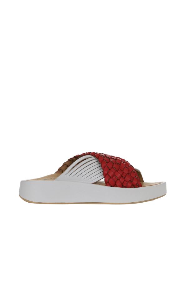 Kırmızı Beyaz Deri Kadın Düz Terlik