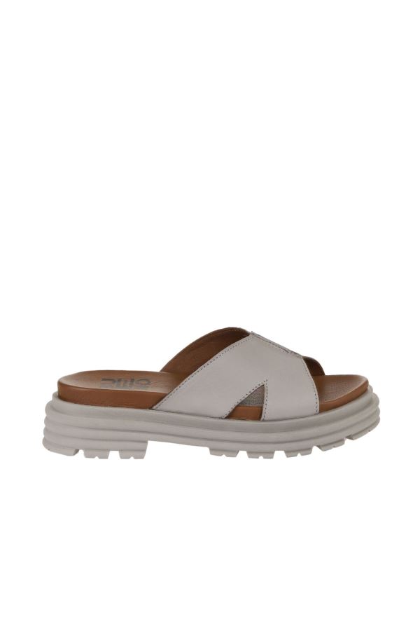 Gri Deri Kadın Düz Terlik