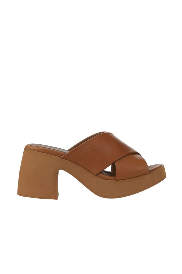 Taba Koyu Deri Kadın Topuklu Terlik