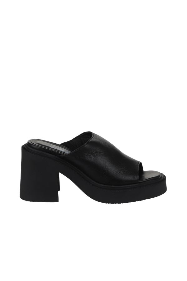 Siyah Deri Kadın Topuklu Sandalet