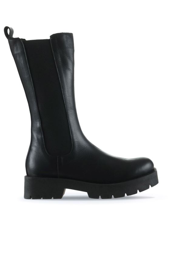 Siyah Deri Kadın Düz Bot