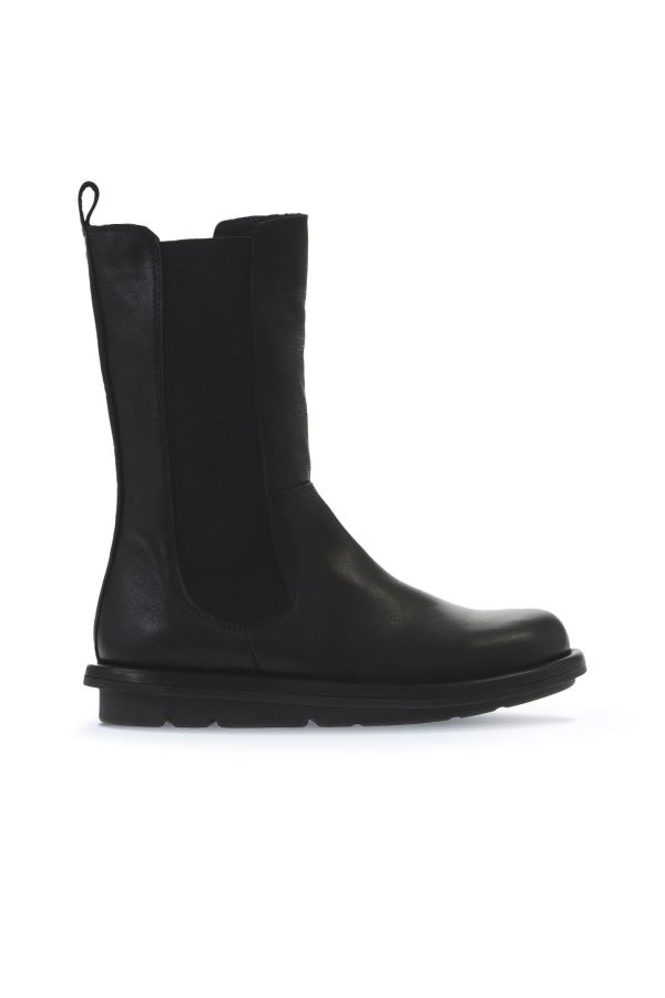 Siyah Deri Kadın Düz Bot