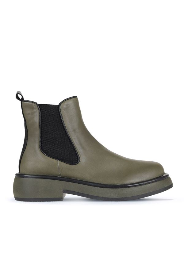 Haki Deri Kadın Düz Bot