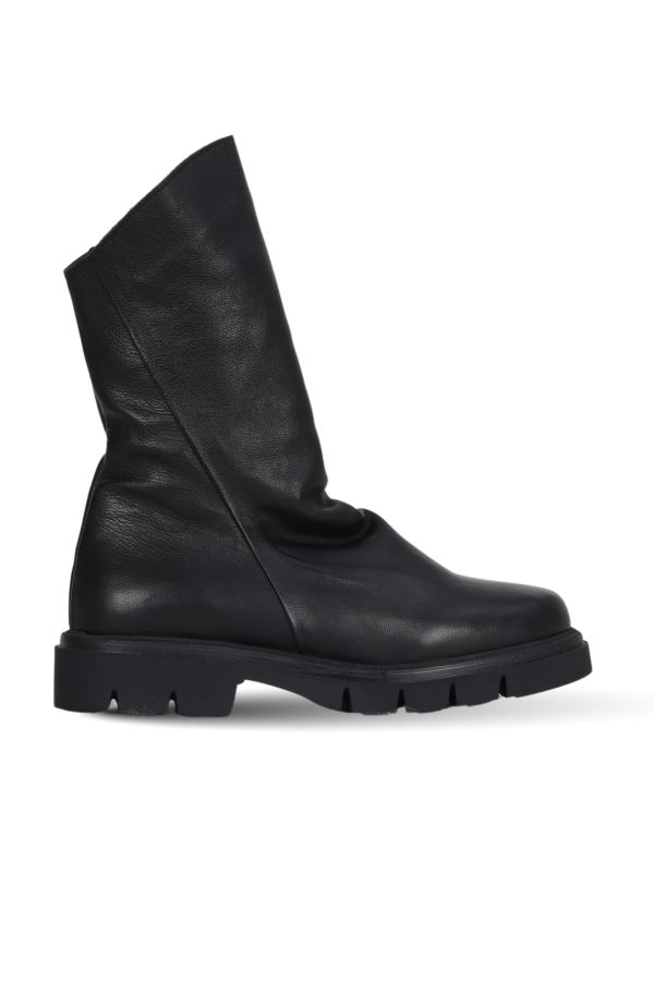 Siyah Deri Kadın Düz Bot