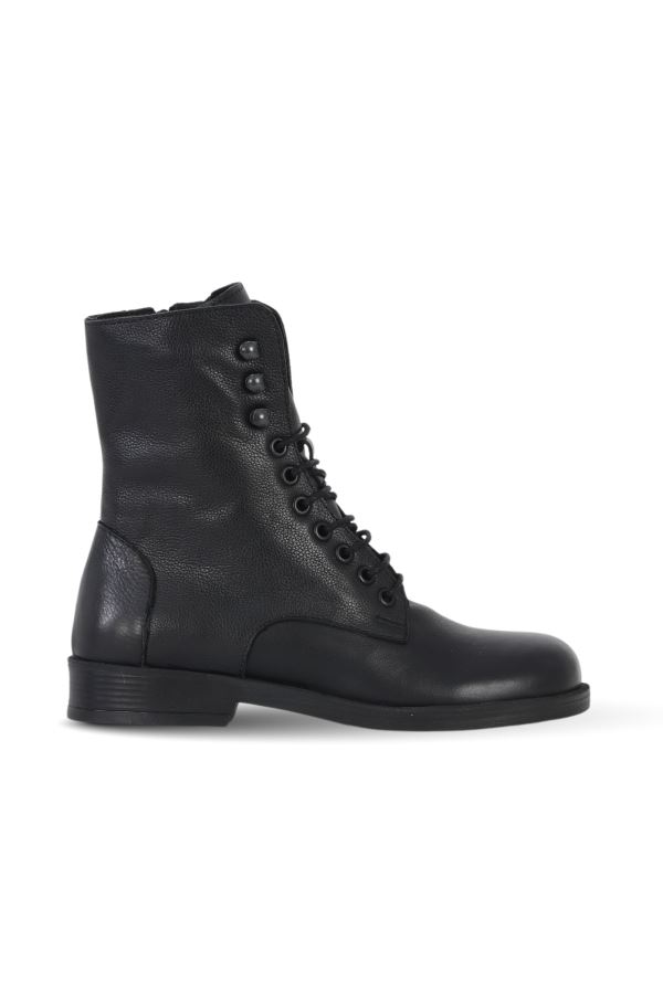 Siyah Deri Kadın Düz Bot