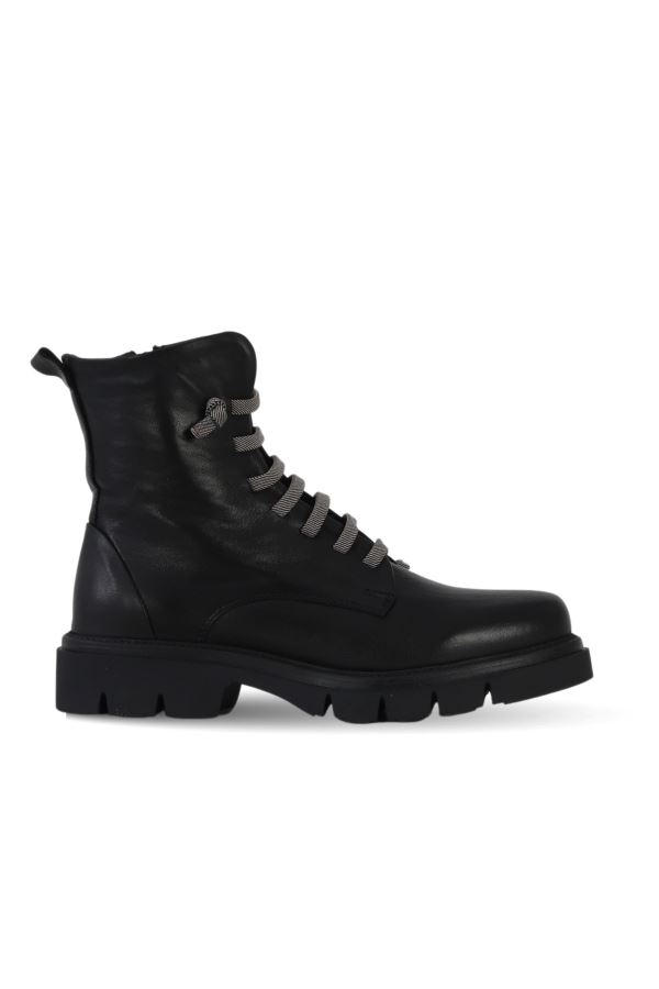 Siyah Beyaz Deri Kadın Düz Bot