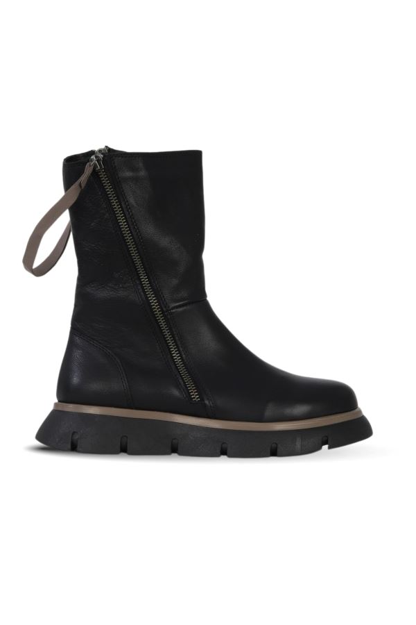 Siyah Gri Deri Kadın Düz Bot