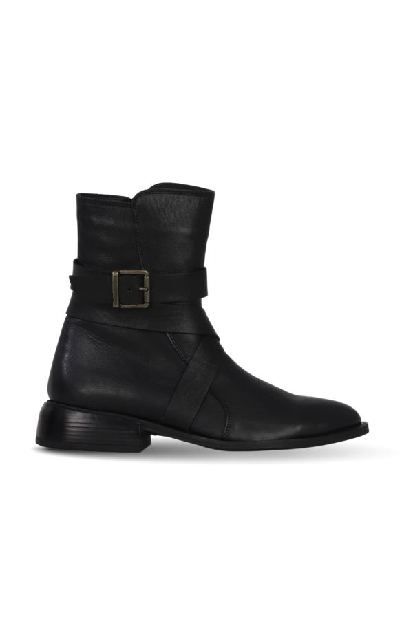 Siyah Deri Kadın Düz Bot