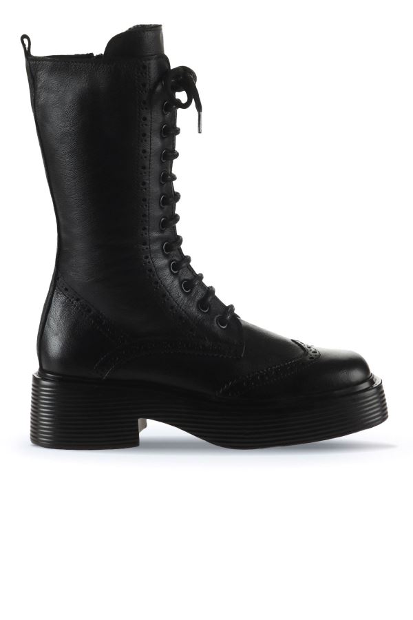 Siyah Deri Kadın Düz Çizme 