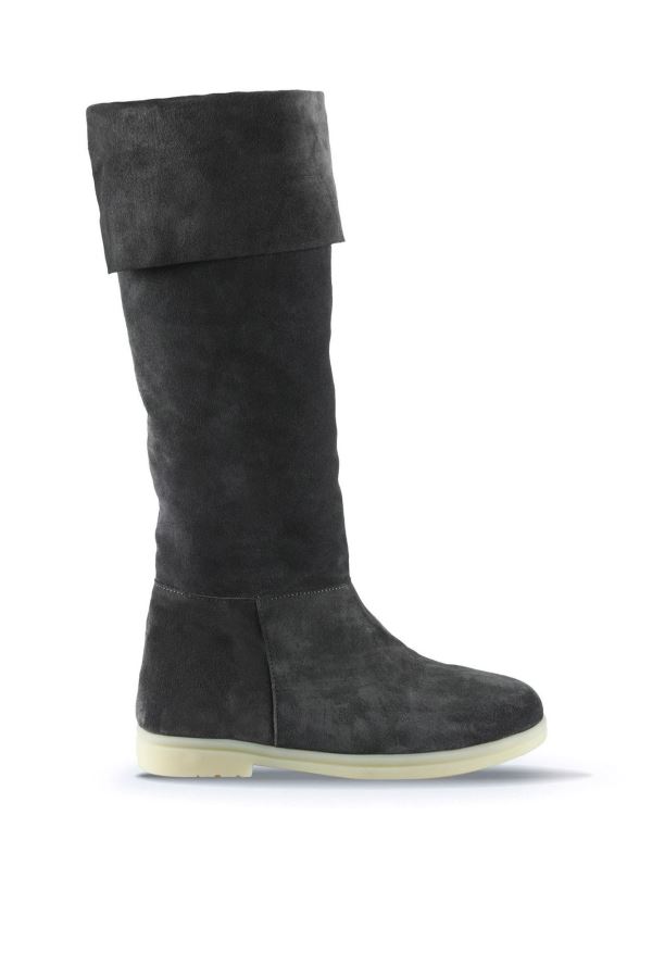 Gri Koyu Süet Kadın Düz Çizme