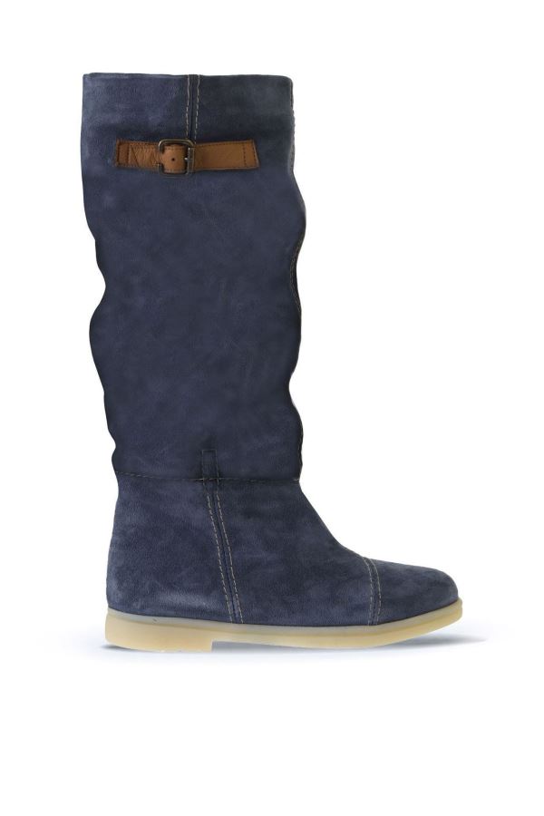 Mavi Süet Kadın Düz Çizme