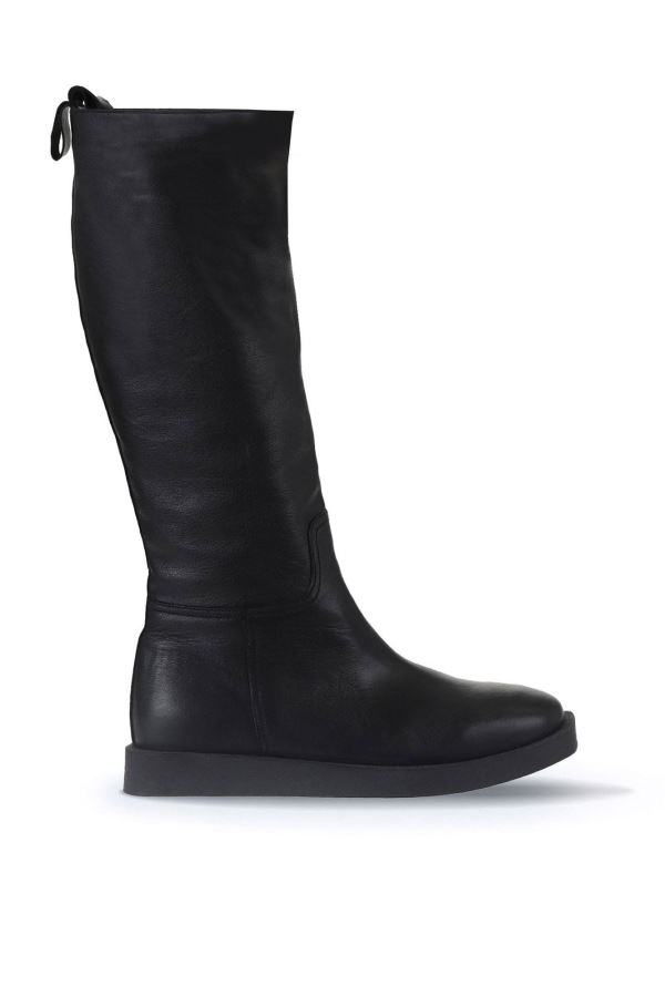 Siyah Deri Kadın Düz Çizme