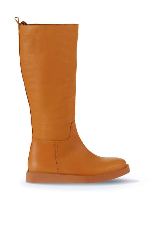Turuncu Deri Kadın Düz Çizme