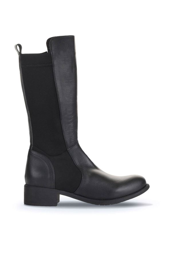 Siyah Deri-Streç Kadın Düz Çizme 