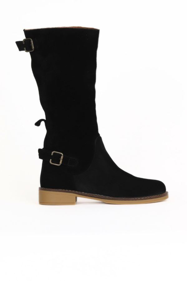 Siyah Süet Kadın Düz Çizme