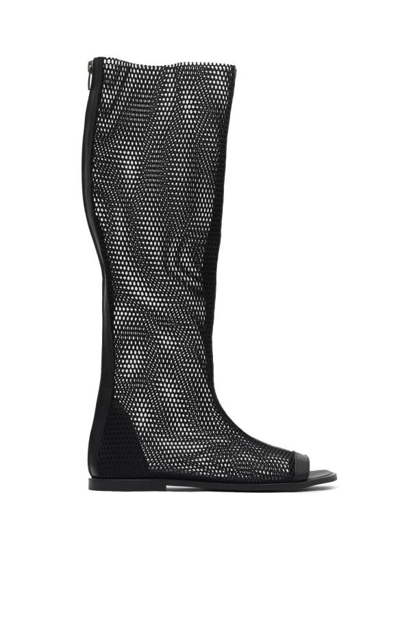 Siyah File-Deri Kadın Düz Çizme