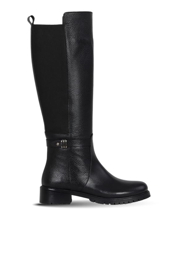 Siyah Flotter Deri Kadın Düz Çizme 