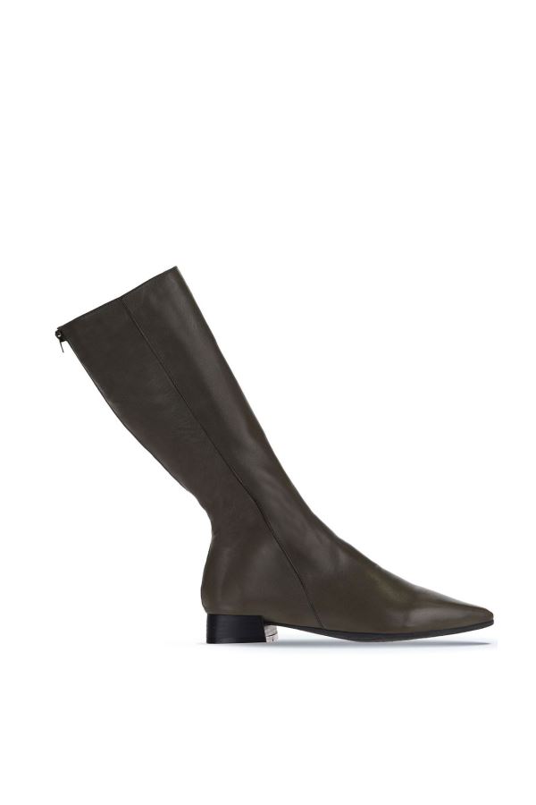 Haki Deri Kadın Düz Çizme