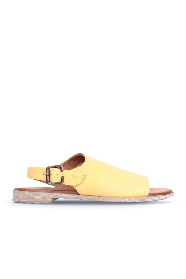 Sarı Deri Kadın Düz Sandalet
