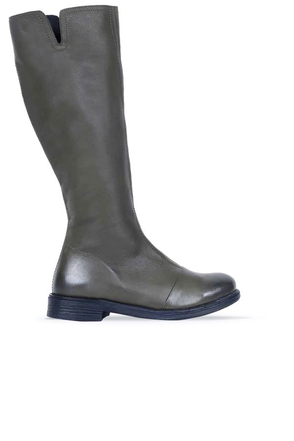 Haki Deri Kadın Düz Çizme 