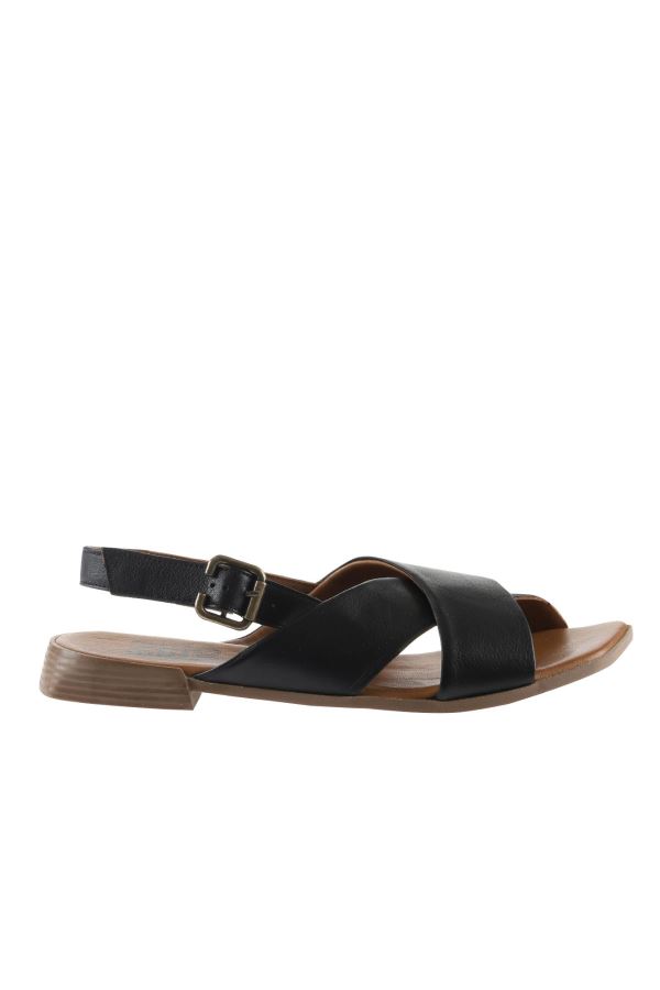 Siyah Deri Kadın Düz Sandalet 