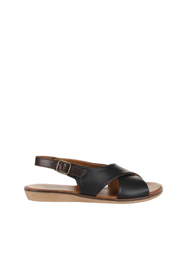 Siyah Deri Kadın Düz Sandalet