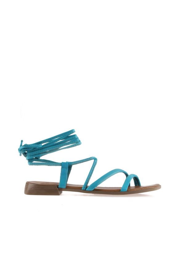 Turkuaz Deri Kadın Düz Sandalet