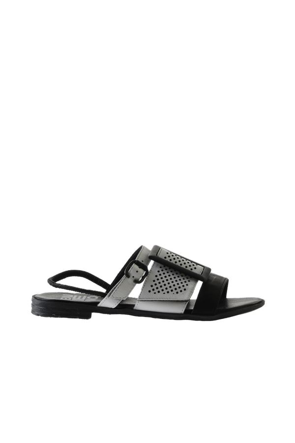 Siyah Beyaz Deri Kadın Düz Sandalet 