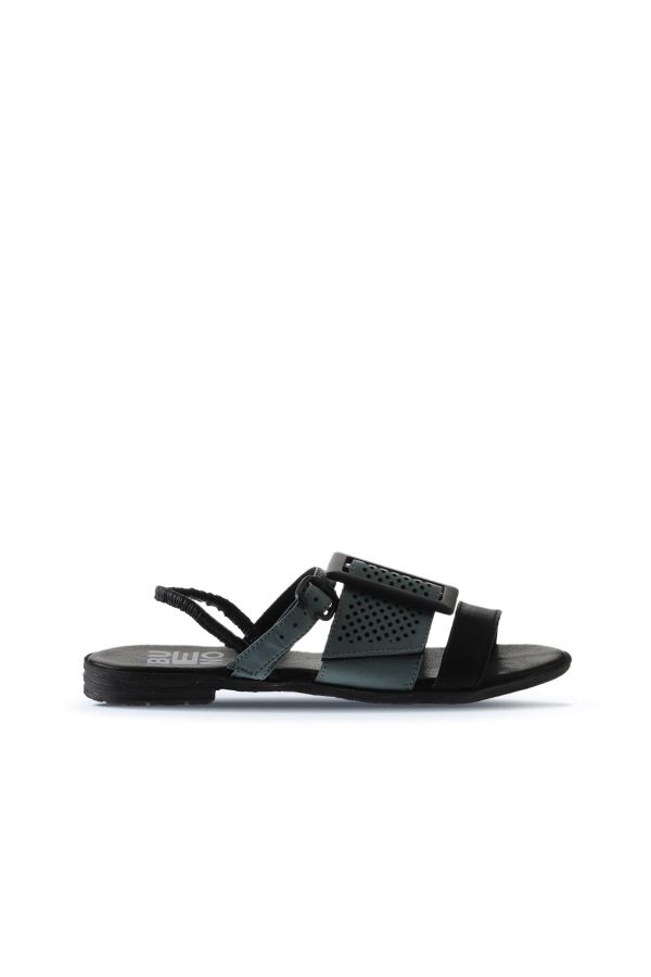 Siyah Mavi Deri Kadın Düz Sandalet