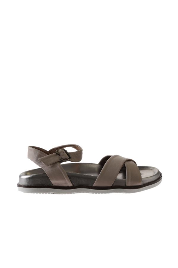 Gri Deri Kadın Düz Sandalet