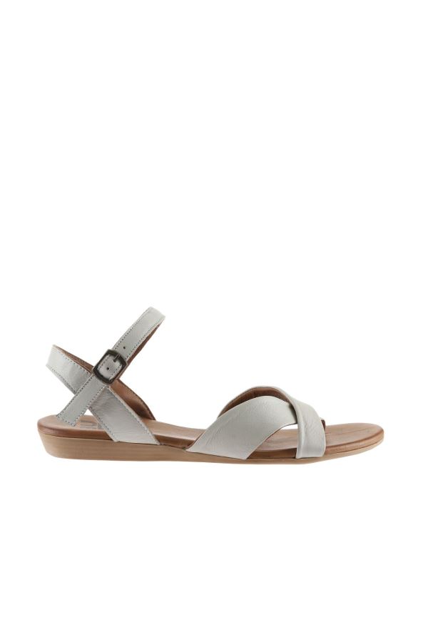 Gri Deri Kadın Düz Sandalet