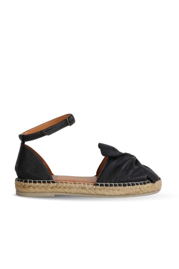 Siyah Deri Kadın Espadril Sandalet