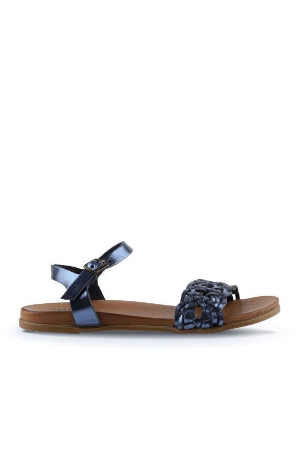 Lacivert Parlak Deri Kadın Düz Sandalet