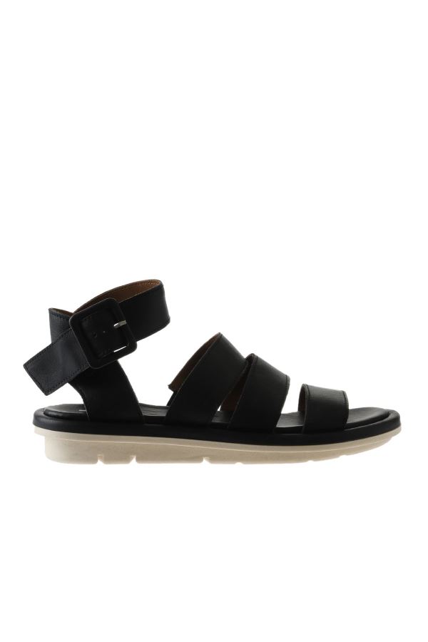 Siyah Deri Kadın Düz Sandalet
