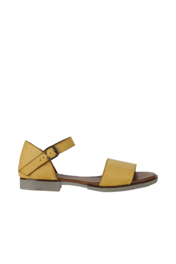Sarı Deri Kadın Düz Sandalet