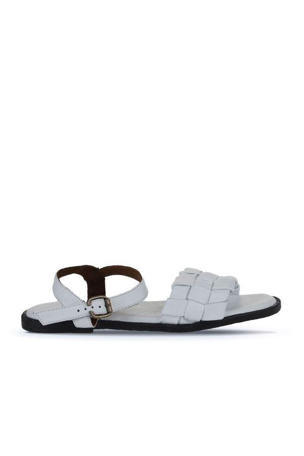 Beyaz Deri Kadın Düz Sandalet