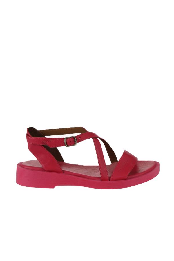 Fuşya Deri Kadın Düz Sandalet