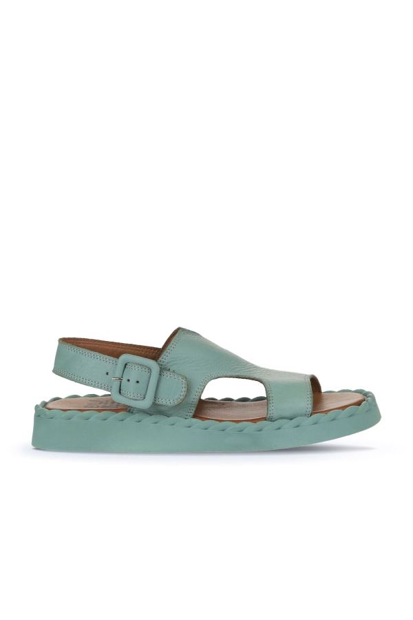 Yeşil Açık Deri Kadın Düz Sandalet 