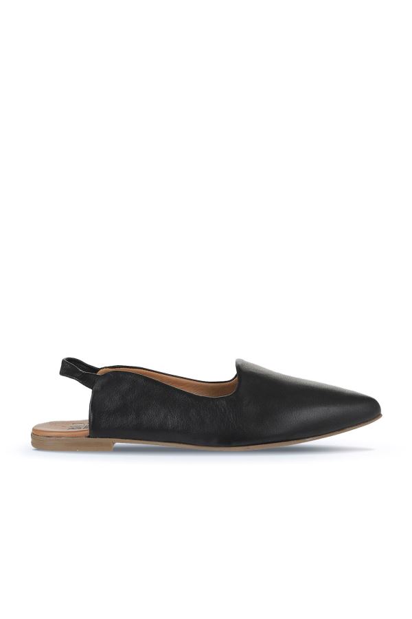 Siyah Deri Kadın Düz Babet