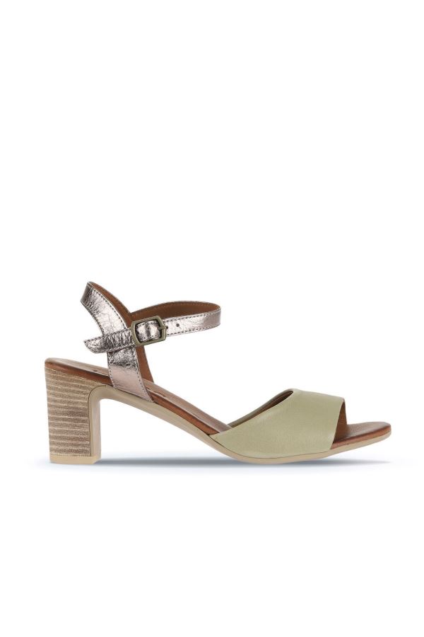 Haki Deri Kadın Topuklu Sandalet